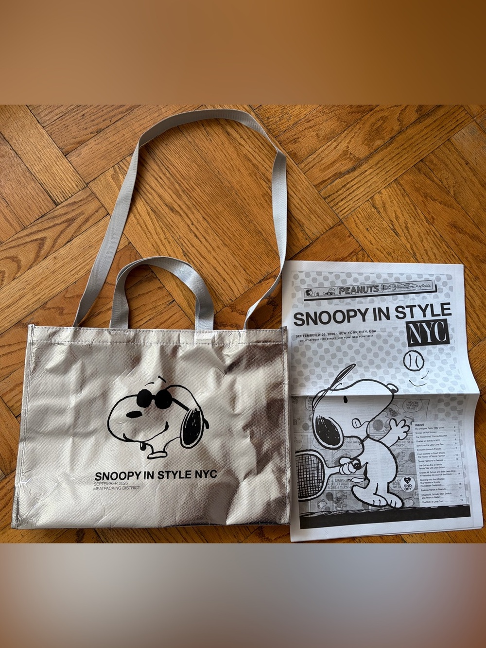Snoopy in style NYC- Peanuts Popup silver tote bag.